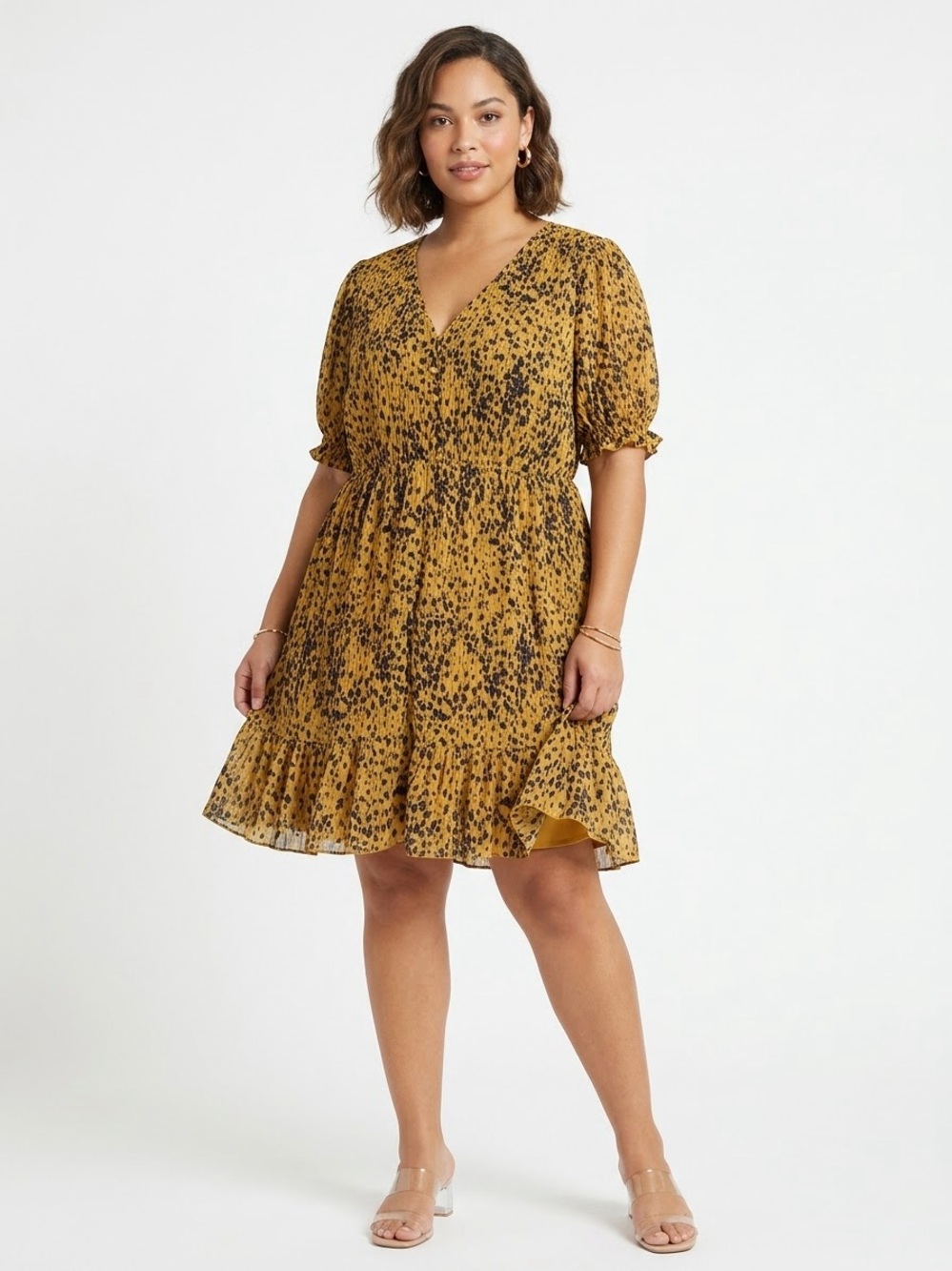 GILLI Mustard Yellow Animal Print Pleated Tiered Babydoll Dress Plus 1X